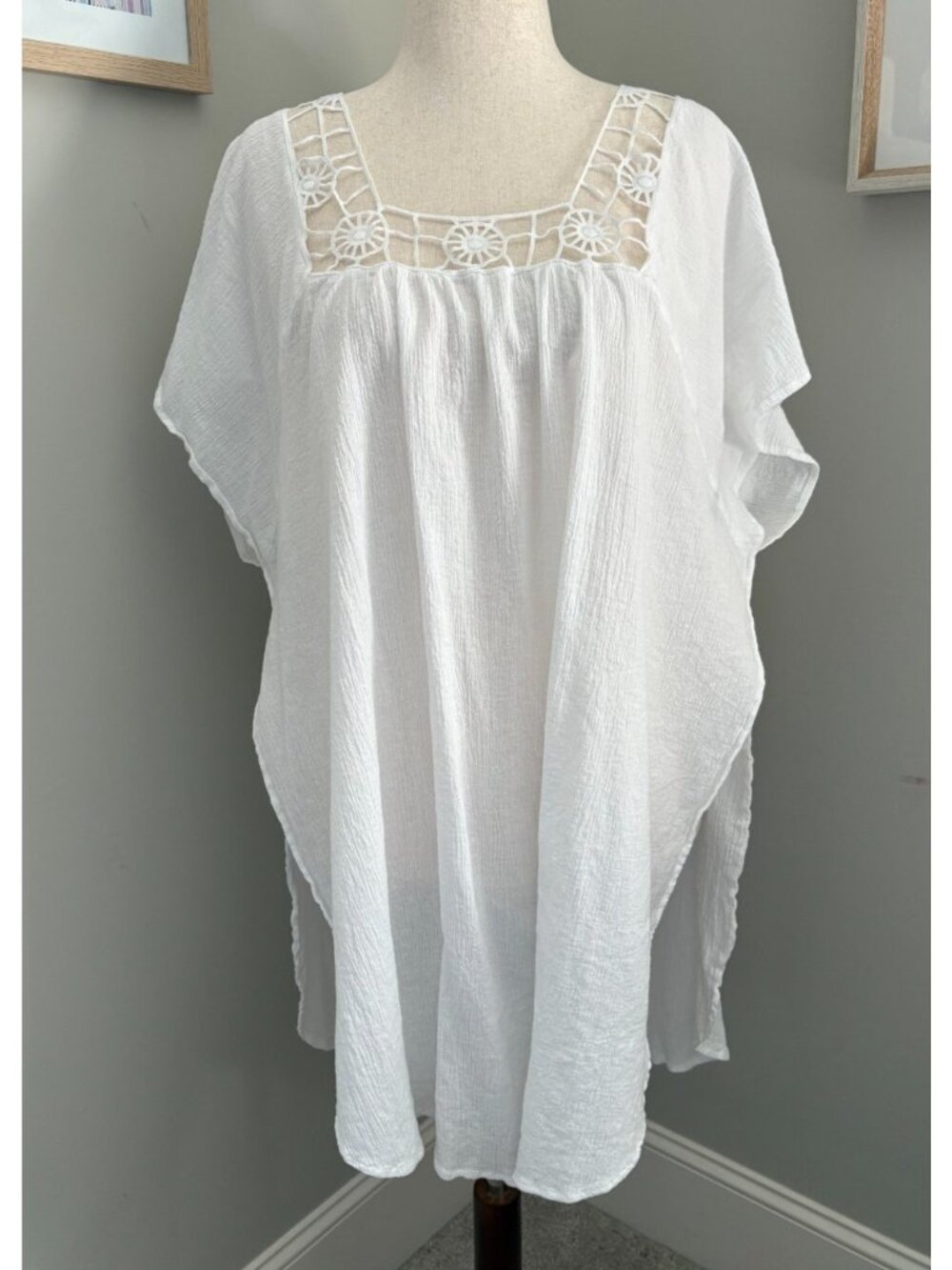 White Gauze Beach Cover Up Tunic Women's 1X Boho Crochet Swim Cover
